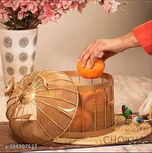 Golden fruit basket with mesh lid, ideal for storing fruits and vegetables, countertop-ready size: 10"x10"x13", insect proof