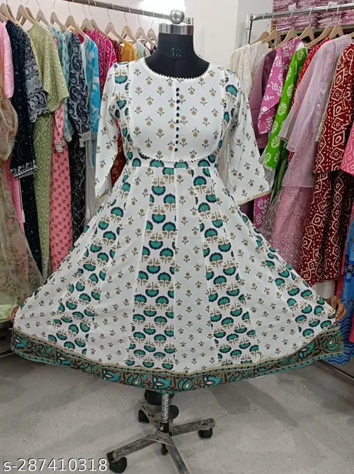 Rayon plus size anarkali kurti with dupatta, 16 kali line, three-quarter sleeves, printed net pattern