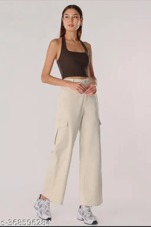 Tan cotton 4 pocket high waisted trousers with a crop top