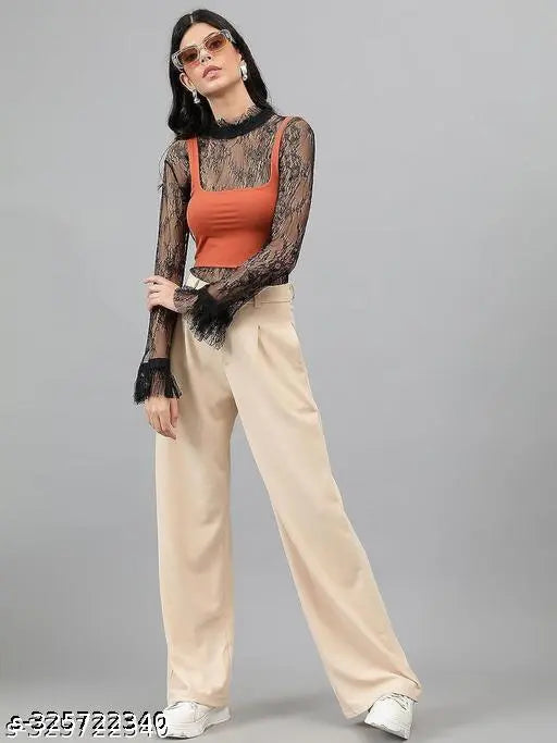 Loose fit beige women's side pocket trousers with polyster fabric