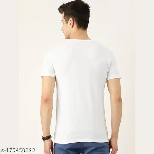 White polycotton t-shirt for men by LF Kashyap Sahab Ji, featuring printed design. Short sleeves, available in sizes S, M, L, XL. Made in India