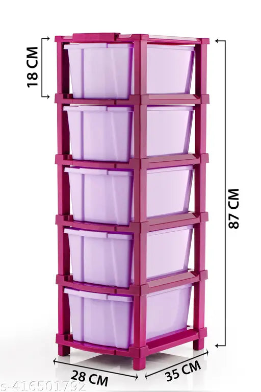 Purple plastic containers in a stacked with red trim, 12 drawers