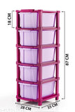 Purple plastic containers in a stacked with red trim, 12 drawers