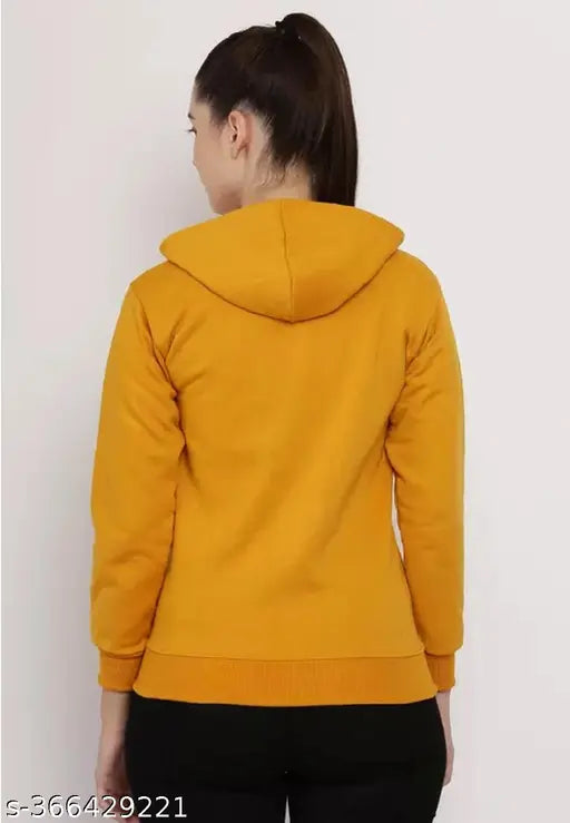 Mustard color cotton blend zipper hoodie sweatshirt, solid design for casual wear