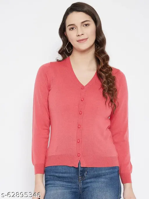 Wool Zigos super warm, super soft v-neck cardigan sweater - solid pink, full sleeves, straight hem