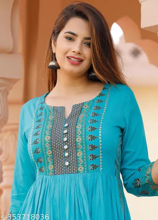Rayon naira cut kurtis for women and girls, printed combo with three-quarter sleeves. Indian Sanganeri print full-length kurti suitable for denim and leggings wear