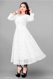White anarkali dress with net detailing, knee-length, sleeveless