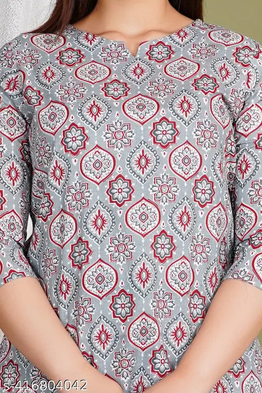 Grey cotton printed night suit set for women, stylish combo with elasticated pants and V-cut round neck top