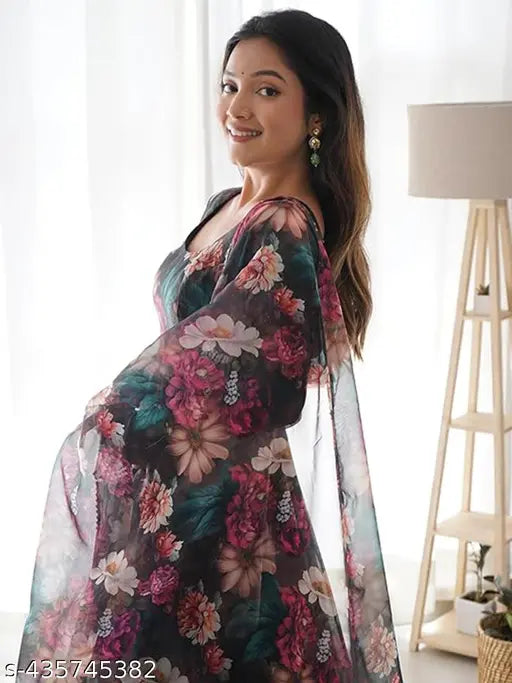 Organza gown with dupatta set, printed net, long sleeves, Indian bridal wear on display stand (S: bust 36in, length 50in, waist 32in, shoulder 14in)