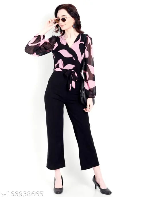 Printed Georgette winter jumpsuit for women, long sleeves, size M, NEW WINTER WEAR JUMPSUIT on mannequin