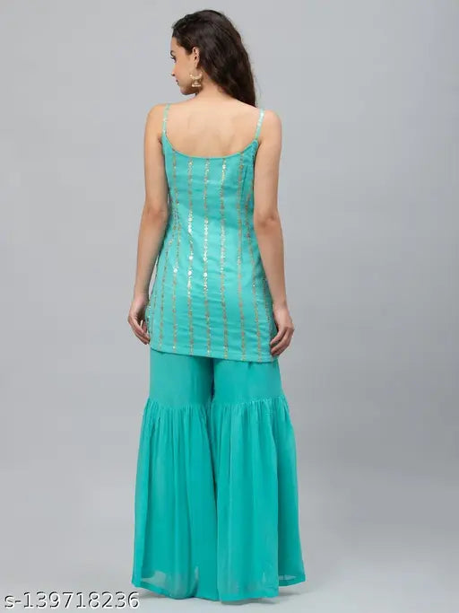 Georgette stitched kurta with sharara, turquoise and beige color