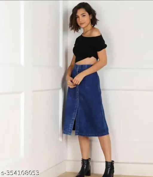 Dark wash denim skirt, girls' fashion, casual wear