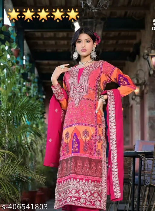 New Designer Heavy Pakistani Georgette suit with floral embroidery, sleeveless design and matching dupatta
