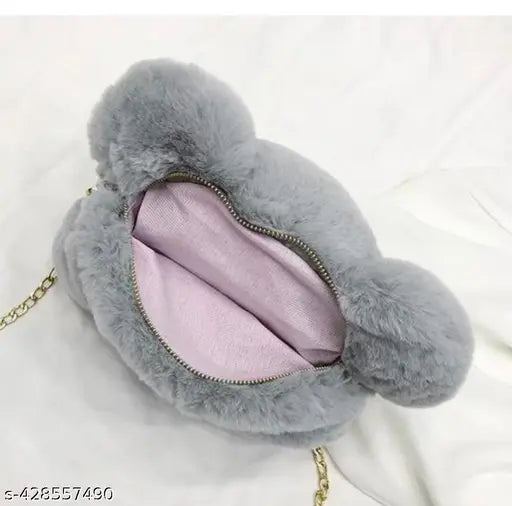 Purple velvet pouch in plush teddy bear fur clutch bag