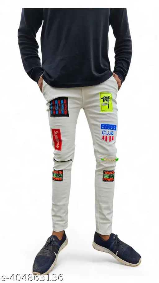 White denim men's jeans, placement print design, size 26/28, Indian origin