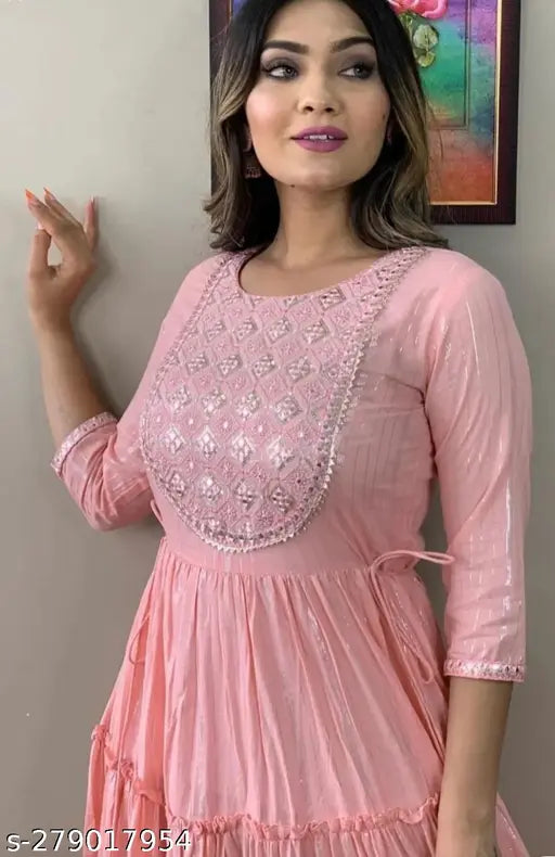 Women's full length pink embroidered viscose rayon anarkali kurta