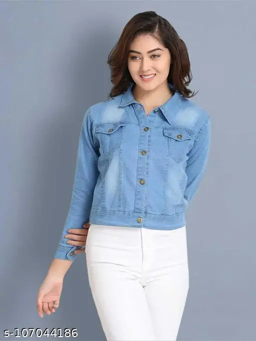 Light blue denim jacket, long sleeves, solid pattern by Kashian Women. Made in India