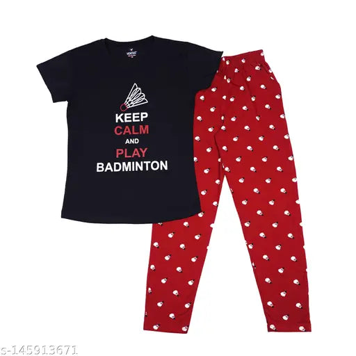 Cotton half sleeve round neck women's pajama set, nightdress and pants
