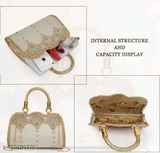 Fancy womens handbag with metallic accents, featuring a clutch purse for formal events and celebrations