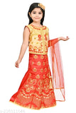 Girl's red lehenga choli, embroidered silk, gold accents, ruffled skirt, tulle dupatta.