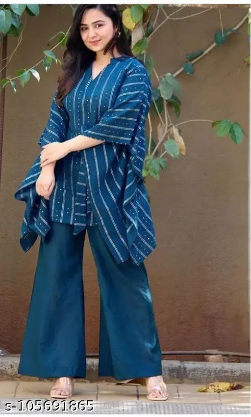 Striped rayon kaftan with palazzo bottomwear, three-quarter sleeves, Indian fashion on display