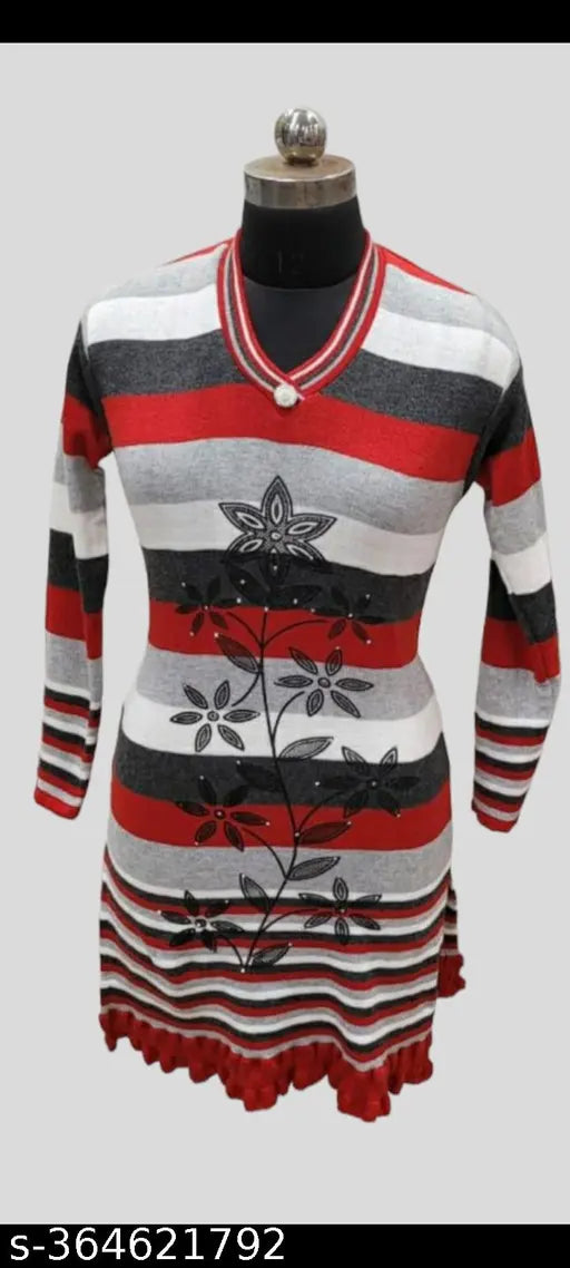 Womens printed woolen a-line kurti with red and blue stripes