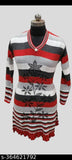 Womens printed woolen a-line kurti with red and blue stripes
