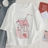 A white short sleeve crew neck T-shirt featuring a graphic design of a cartoon strawberry on top of a pink drink box with 'milk' written in black, and a small straw inside. The design is printed on the shirt, which is set against a plain background