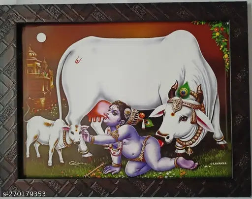 Synthetic resin, Indian-made, "Gau Feeding Shri Krishna Kanna" cow feed baby Gopala photo frame 9*12 inches