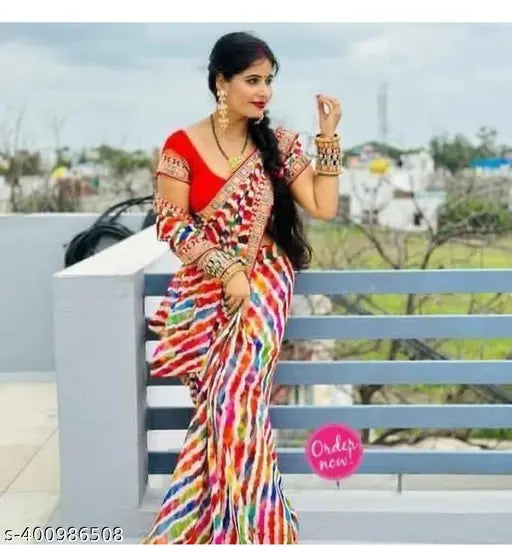 Colorful Pure Georgette saree with lace, Bollywood inspired fashion, vibrant digital prints