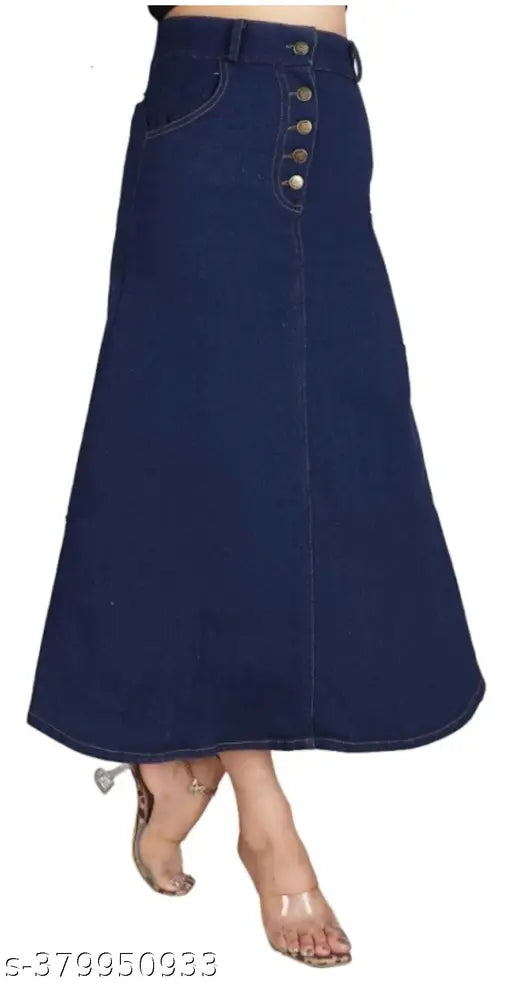 Navy Blue Denim A-Line Maxi Skirt with Four Buttons, lightweight & breathable, home washable, trendy and versatile for all seasons, fits well on various body types