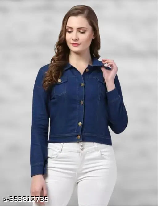 Blue solid denim full sleeves jacket for women & girls, lightweight casual wear in India