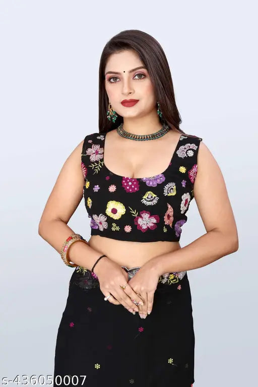 Black Georgette saree with floral embroidery blouse