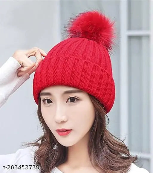 Womens knit hat, red, wool ball