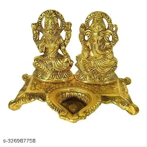Metal Ganesh-Laxmi with Deepak, Indian decor home accents, 15cm x 11cm x 10cm