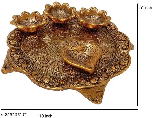 Gold plated Pooja Thali set with 4 diyas, handicraft metal showpiece for home, temple, or office decoration (10cm L x 10cm H x 5cm B) - Indian handicraft artifact