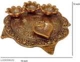 Gold plated Pooja Thali set with 4 diyas, handicraft metal showpiece for home, temple, or office decoration (10cm L x 10cm H x 5cm B) - Indian handicraft artifact