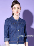 Dark blue solid women's denim jacket by Dimpy Garments, long sleeves, collared neckline, dual chest pockets, button front closure. Size XS (34-18), S (36-19), L (40-21). Made in India