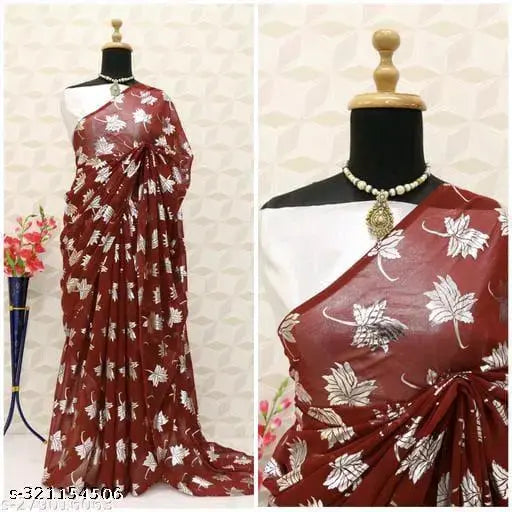 Georgette silver foil saree, red and white floral embroidered unstitched blouse
