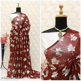 Georgette silver foil saree, red and white floral embroidered unstitched blouse