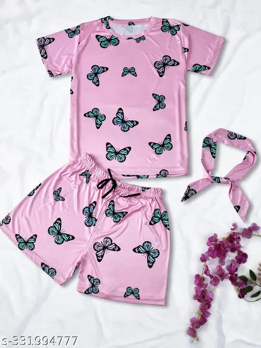 Butterfly print silk night suit set (T-shirt, pajamas, shorts), luxurious and comfortable sleepwear with drawstring elastic waistband, India origin