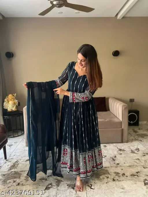 Designer blue striped anarkali suit, three-quarter sleeves, Georgette fabric - Fashion Basket, party wear
