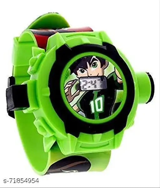 Green and black sports watch with animated character on face