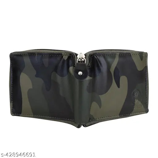 Stylish vegan round zip wallet (Army print), faux leather/leatherette, compact design with credit card slots, handmade in India