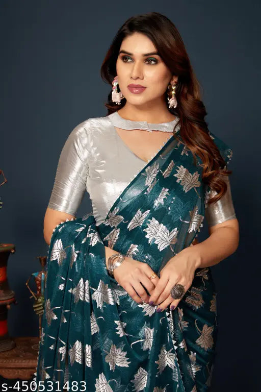 Chiffon wedding saree collection with separate Italian silk blouses, featuring various patterns and colors including black, red, gold, yellow, and more. Single piece, silver foil embellished saree." (124 characters)