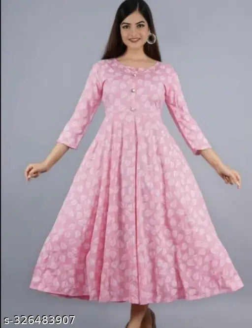 Rayon three-quarter sleeve printed kurti by Saawariya Enterprise, pink and white combo, Indian apparel for women (S: Bust 36", Length 46"; M: Bust 38", Length 46"; L: Bust 40", Length 46")