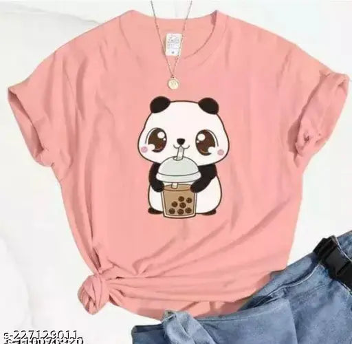 Rare pink bear with coffee drink on tee, oversized printed cotton tshirt for women, girls peach
