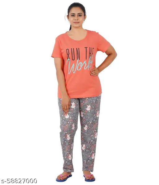 Cotton printed top & pyjama set for women, short-sleeved, vibrant pattern, size S (17in bust, 25in length), Made in India