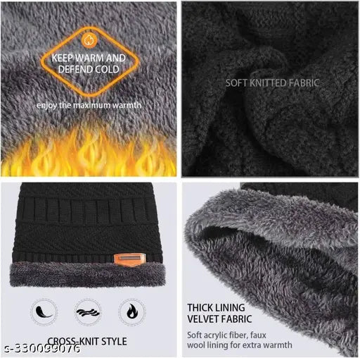 Wool unisex beanie cap, muffler scarf, gloves combo set - high-quality, stretchable, warm, great for outdoor activities and daily wear