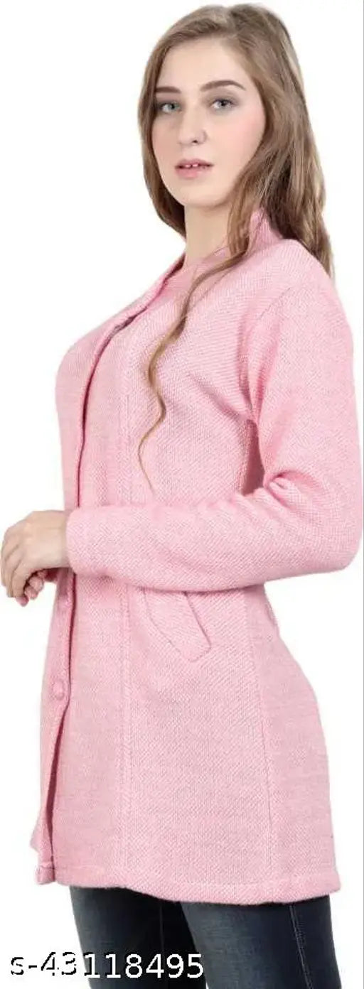 Matelco women's solid pink wool cardigan coat, long sleeves, vibrant color, chic winter wear